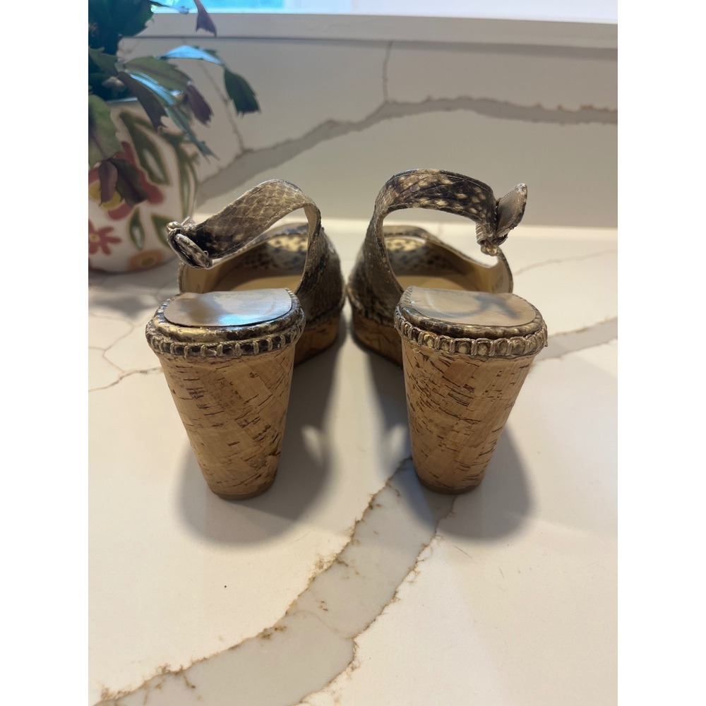 Stuart Weitzman Snakeskin Embossed Cork Wedge Slingback Sandals Brown 7.5 M - Picture 5 of 8